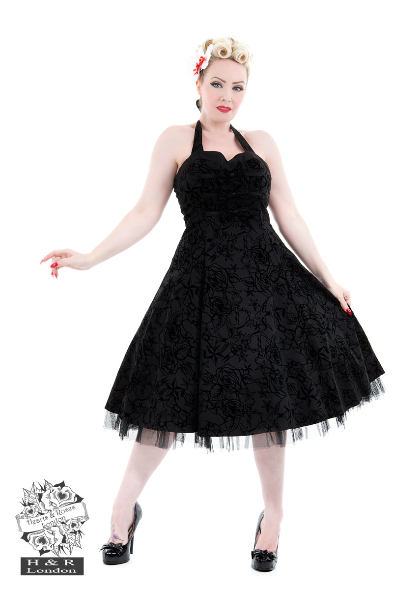 Black Taffeta Flocked Halter Dress